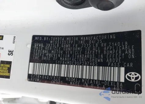 2025 Toyota Corolla Le из США, поврежденный, VIN 5YFB4MDE9SP297465